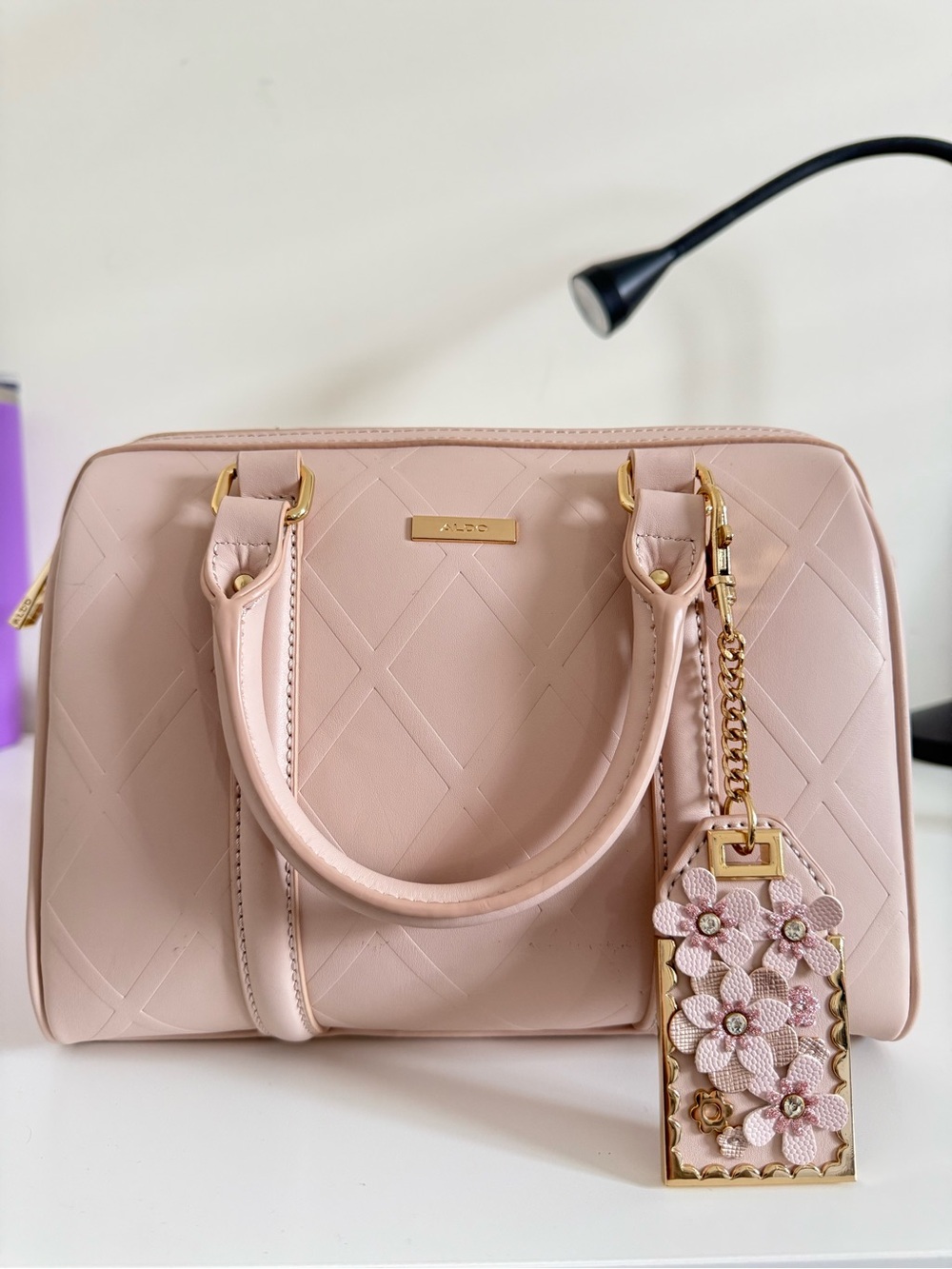 ALDO Elegant Pale Pink Structured Satchel with Floral Charm